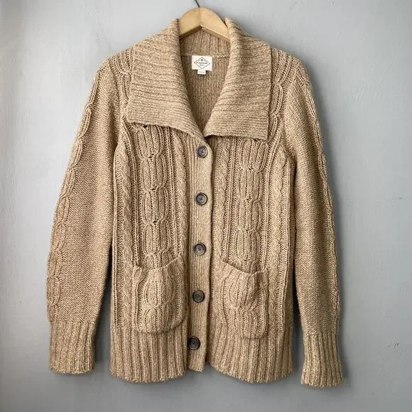 Y2K Cable Knit Cardigan Size Large Tan Button Sweater Pockets Chunky Academia - Picture 1 of 9